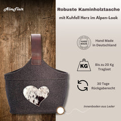 Kaminholztasche aus Filz mit Kuhfell-Herz