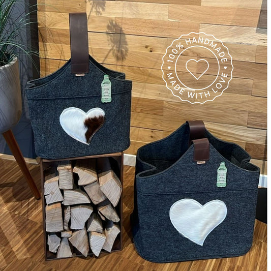 Kaminholztasche aus Filz mit Kuhfell-Herz