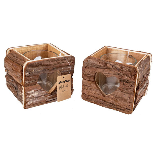 Rustikales Windlicht mit Rinde 11x11 cm - Herz